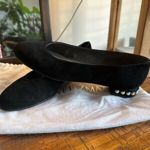 Stuart Weitzman Black Suede Ballet Flats with Pearl Embellished Heels